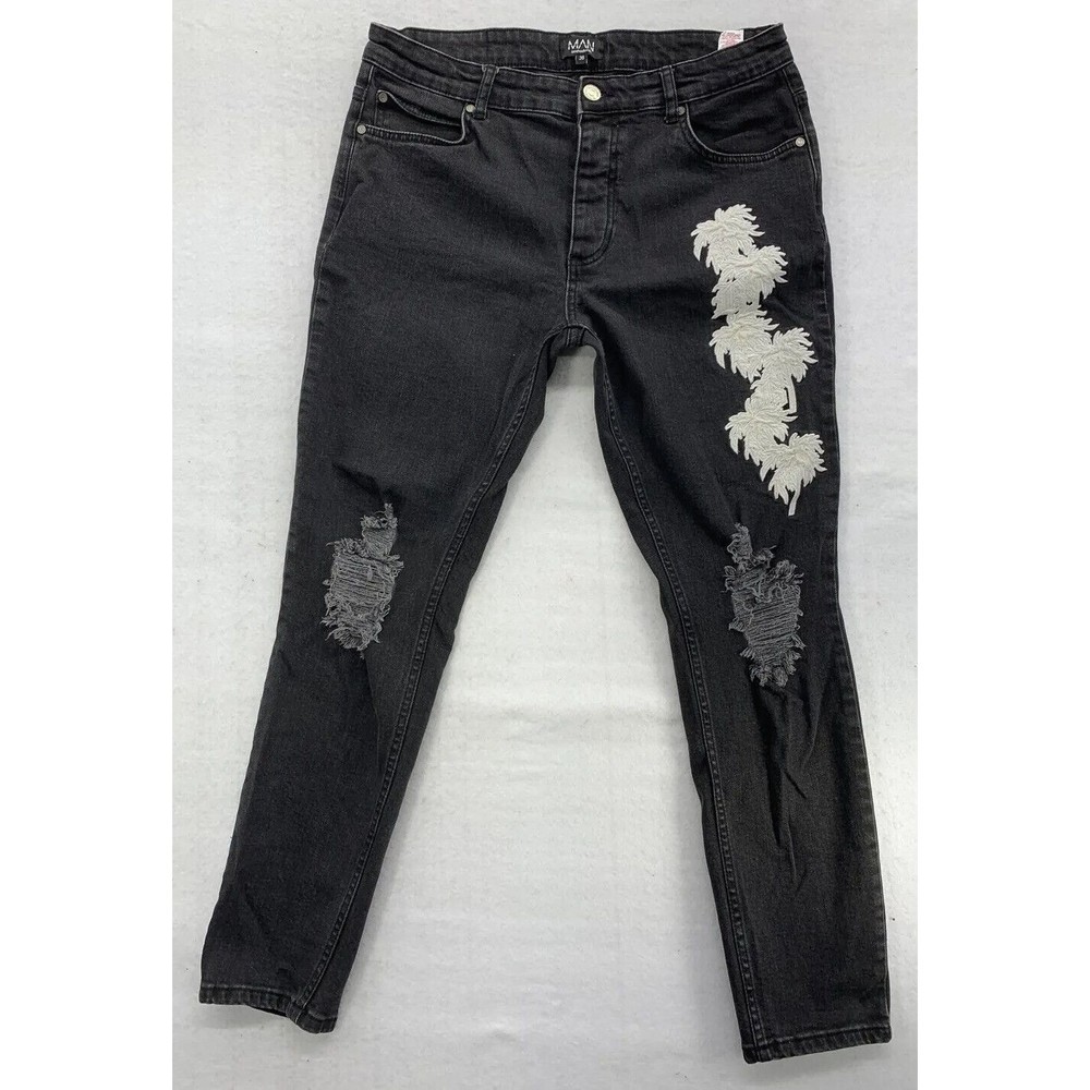 BooHoo MAN Denim Jeans Button Fly Embroidered Black Mens Size 36 Regular